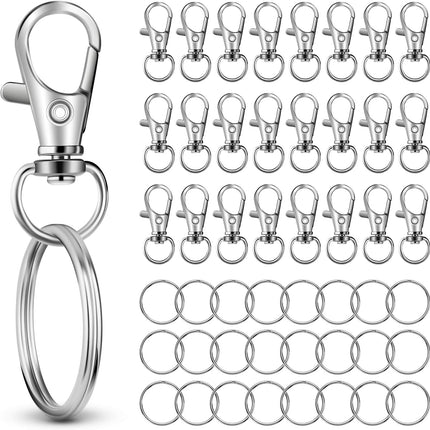 50 PCS in 25 Sets, Metal Swivel Lobster Claw Clasps, Keychain Clip with Large Key Ring, Premium Keychains Clips, Snap Hooks and Sturdy Key Rings, for Key Chain Making Kit， (Silver).