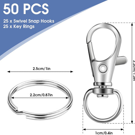 50 PCS in 25 Sets, Metal Swivel Lobster Claw Clasps, Keychain Clip with Large Key Ring, Premium Keychains Clips, Snap Hooks and Sturdy Key Rings, for Key Chain Making Kit， (Silver).