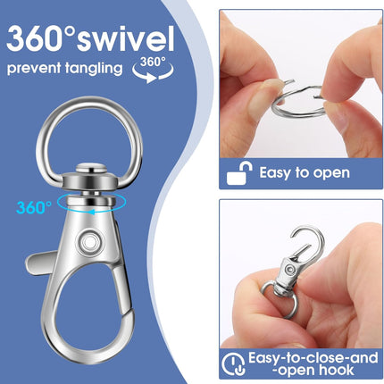 50 PCS in 25 Sets, Metal Swivel Lobster Claw Clasps, Keychain Clip with Large Key Ring, Premium Keychains Clips, Snap Hooks and Sturdy Key Rings, for Key Chain Making Kit， (Silver).