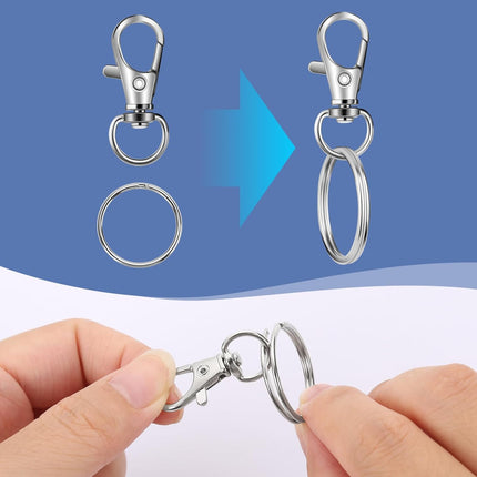 50 PCS in 25 Sets, Metal Swivel Lobster Claw Clasps, Keychain Clip with Large Key Ring, Premium Keychains Clips, Snap Hooks and Sturdy Key Rings, for Key Chain Making Kit， (Silver).