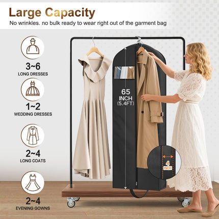 65" Long Garment Bags for Travel for Women 4" Gusseted Dress Bags for Gowns Waterproof Dress Protector Bag for Closet Storage Clothing Covers for Hanging Clothes Wedding Dresses Storage.