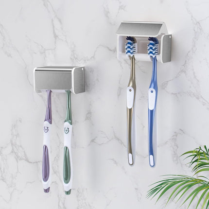 2 PCS Toothbrush Holders Wall Mounted with Cover, Electric Tooth Brushing Holder for Bathroom, 2 Slots Self Adhesive Toothbrush Organizer for Family, Kids (2, Brushed Silver).