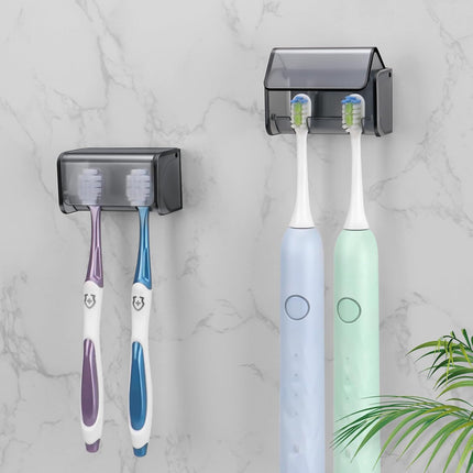 2 PCS Toothbrush Holders Wall Mounted with Cover, Electric Tooth Brushing Holder for Bathroom, 2 Slots Self Adhesive Toothbrush Organizer for Family, Kids (2, Transparent Black).