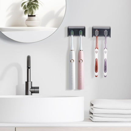 2 PCS Toothbrush Holders Wall Mounted with Cover, Electric Tooth Brushing Holder for Bathroom, 2 Slots Self Adhesive Toothbrush Organizer for Family, Kids (2, Transparent Black).