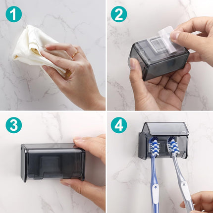 2 PCS Toothbrush Holders Wall Mounted with Cover, Electric Tooth Brushing Holder for Bathroom, 2 Slots Self Adhesive Toothbrush Organizer for Family, Kids (2, Transparent Black).
