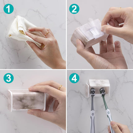 2 PCS Toothbrush Holders Wall Mounted with Cover, Electric Tooth Brushing Holder for Bathroom, 2 Slots Self Adhesive Toothbrush Organizer, Toothbrush Stand for Family, Kids (2, White Marble).