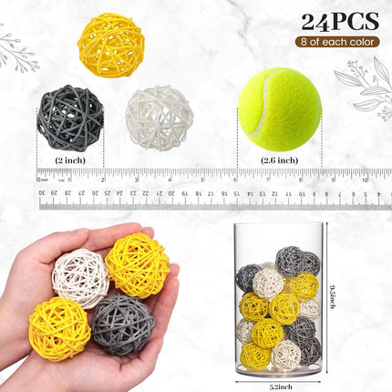 24PCS Yellow Decorative Balls for Bowl Centerpiece, 2 Inch Rattan Bowl Fillers - Wicker Twig Orbs Spheres for Yellow Kitchen Home Decor Vase Table Scatters.