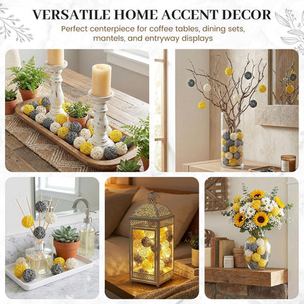 24PCS Yellow Decorative Balls for Bowl Centerpiece, 2 Inch Rattan Bowl Fillers - Wicker Twig Orbs Spheres for Yellow Kitchen Home Decor Vase Table Scatters.