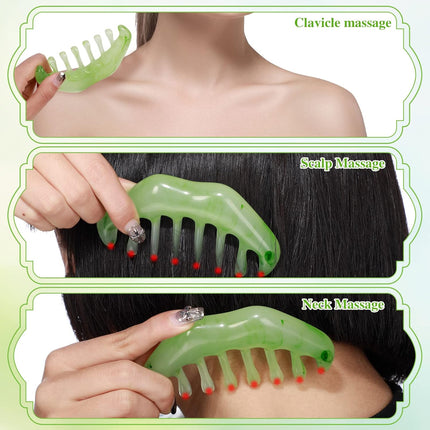 2 Pcs Jade Combs Esthetician Supplies Massage Stone Hair Gua Sha Scraping Scalp Comb Facial Massage Tool Handheld Head Tools Head Caring Therapy Valentines for Women(Elegant Style).
