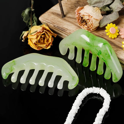2 Pcs Jade Combs Esthetician Supplies Massage Stone Hair Gua Sha Scraping Scalp Comb Facial Massage Tool Handheld Head Tools Head Caring Therapy Valentines for Women(Elegant Style).
