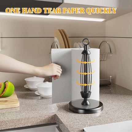 Black Paper Towel Holder Countertop, One-Handed Tear, Stainless Steel, Weighted Base, Ring Paper Towel Holder Stand with Ratchet System for Kitchen Farmhouse Essentials Decor.