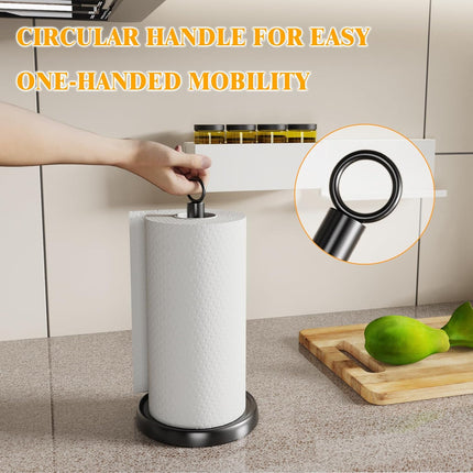 Black Paper Towel Holder Countertop, One-Handed Tear, Stainless Steel, Weighted Base, Ring Paper Towel Holder Stand with Ratchet System for Kitchen Farmhouse Essentials Decor.