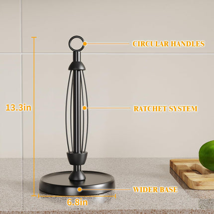 Black Paper Towel Holder Countertop, One-Handed Tear, Stainless Steel, Weighted Base, Ring Paper Towel Holder Stand with Ratchet System for Kitchen Farmhouse Essentials Decor.