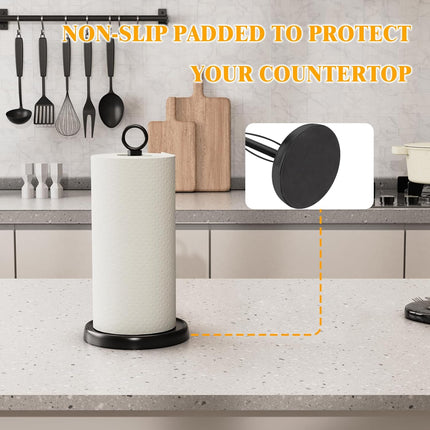 Black Paper Towel Holder Countertop, One-Handed Tear, Stainless Steel, Weighted Base, Ring Paper Towel Holder Stand with Ratchet System for Kitchen Farmhouse Essentials Decor.