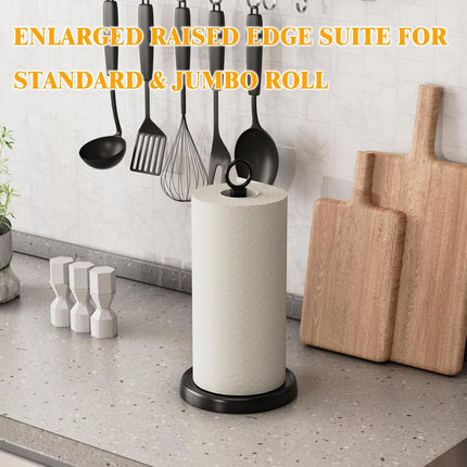 Black Paper Towel Holder Countertop, One-Handed Tear, Stainless Steel, Weighted Base, Ring Paper Towel Holder Stand with Ratchet System for Kitchen Farmhouse Essentials Decor.