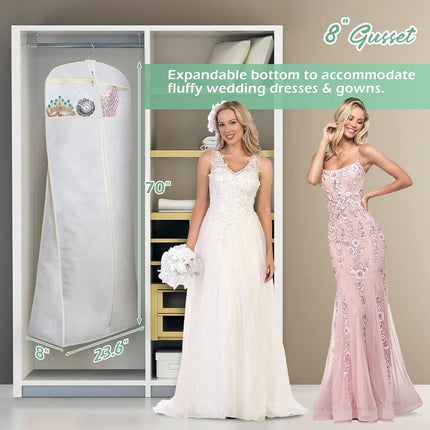 70" Bridal Wedding Gown Dress Garment Bag with Accessories Pouch Large Travel Garment Cover 8" Gusset (White).