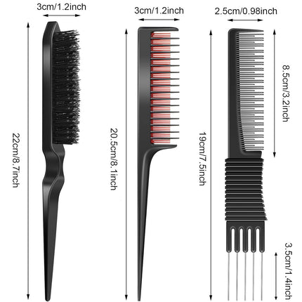 3 Pieces Pick Teasing Combs Hair Brush Set Includes Black Carbon Lift with Metal Prong, Triple Pin Rat Tail Comb, Nylon Bristle Hair Brush for Women(Black and Red).