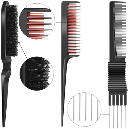 3 Pieces Pick Teasing Combs Hair Brush Set Includes Black Carbon Lift with Metal Prong, Triple Pin Rat Tail Comb, Nylon Bristle Hair Brush for Women(Black and Red).