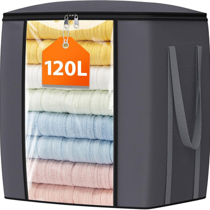 120L Extra Large Clothes Storage Bags, Foldable Blanket Storage and Organization, Thick Fabric Containers with Reinforced Handles & Zippers for Clothing, Comforters, Bedding, Gray, 1 Pack.