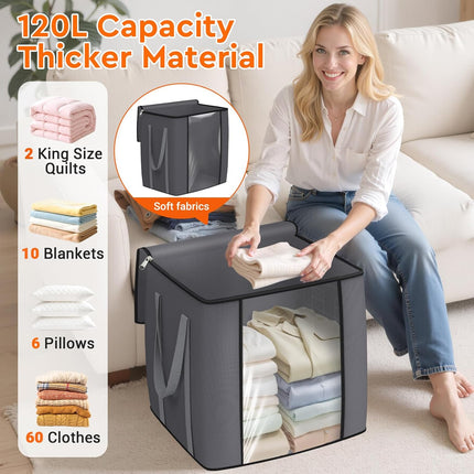 120L Extra Large Clothes Storage Bags, Foldable Blanket Storage and Organization, Thick Fabric Containers with Reinforced Handles & Zippers for Clothing, Comforters, Bedding, Gray, 1 Pack.