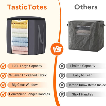 120L Extra Large Clothes Storage Bags, Foldable Blanket Storage and Organization, Thick Fabric Containers with Reinforced Handles & Zippers for Clothing, Comforters, Bedding, Gray, 1 Pack.