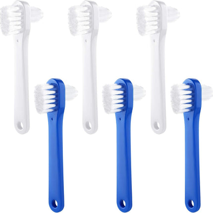 6 Pack Denture Cleaning Brush Dual Head Portable Denture Toothbrush Hard Double Sided Multi-Layered Bristles False Teeth Toothbrush for Care Clean Clear Brace Mouth Guard(Blue White,Flat).