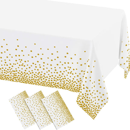 3 Packs Dot Disposable Table Cloth, 54 x 108 Inch Waterproof Plastic Tablecloth, Rectangle Gold Dots in White Table Covers for Easter, Picnic, Birthday, Party.