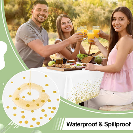 3 Packs Dot Disposable Table Cloth, 54 x 108 Inch Waterproof Plastic Tablecloth, Rectangle Gold Dots in White Table Covers for Easter, Picnic, Birthday, Party.