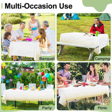 3 Packs Dot Disposable Table Cloth, 54 x 108 Inch Waterproof Plastic Tablecloth, Rectangle Gold Dots in White Table Covers for Easter, Picnic, Birthday, Party.