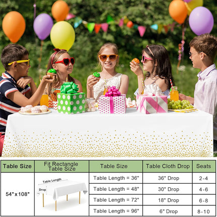 3 Packs Dot Disposable Table Cloth, 54 x 108 Inch Waterproof Plastic Tablecloth, Rectangle Gold Dots in White Table Covers for Easter, Picnic, Birthday, Party.