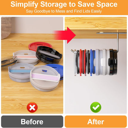 2 Pack Tumbler Lid Organizer, Space Saving Cup Lid Organizer for Yeti/Stanley/Simple Modern Tumbler Lids, Self-Adhesive or Drilling Tumbler Lid Hook for Kitchen Organizers and Storage.