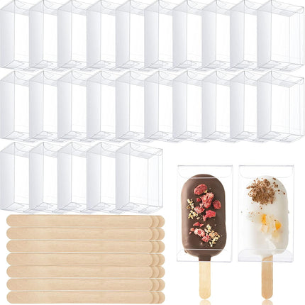 50 Pcs Ice Cream Cakesicle Boxes Set Include 25 Clear Pet Cake Boxes Plastic Candy Gift Bags and 25 Wooden Sticks Treat Boxes for DIY Baking Wedding Baby Shower Birthday Party.