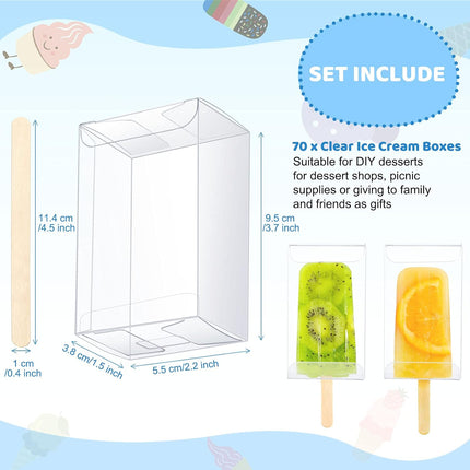 50 Pcs Ice Cream Cakesicle Boxes Set Include 25 Clear Pet Cake Boxes Plastic Candy Gift Bags and 25 Wooden Sticks Treat Boxes for DIY Baking Wedding Baby Shower Birthday Party.