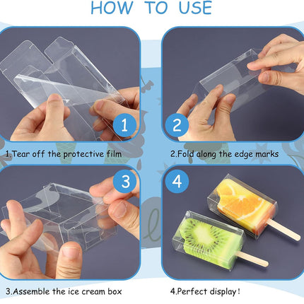 50 Pcs Ice Cream Cakesicle Boxes Set Include 25 Clear Pet Cake Boxes Plastic Candy Gift Bags and 25 Wooden Sticks Treat Boxes for DIY Baking Wedding Baby Shower Birthday Party.