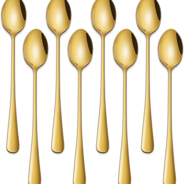 7.5 Inch Gold Iced Tea Spoons,Set Of 8 Stainless Steel Long Coffee Spoons,Long Handle Stirring Spoon For Dessert,Coctails,Ice Cream,Milk,Iced Teaspoons For Bar.