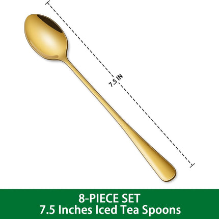 7.5 Inch Gold Iced Tea Spoons,Set Of 8 Stainless Steel Long Coffee Spoons,Long Handle Stirring Spoon For Dessert,Coctails,Ice Cream,Milk,Iced Teaspoons For Bar.