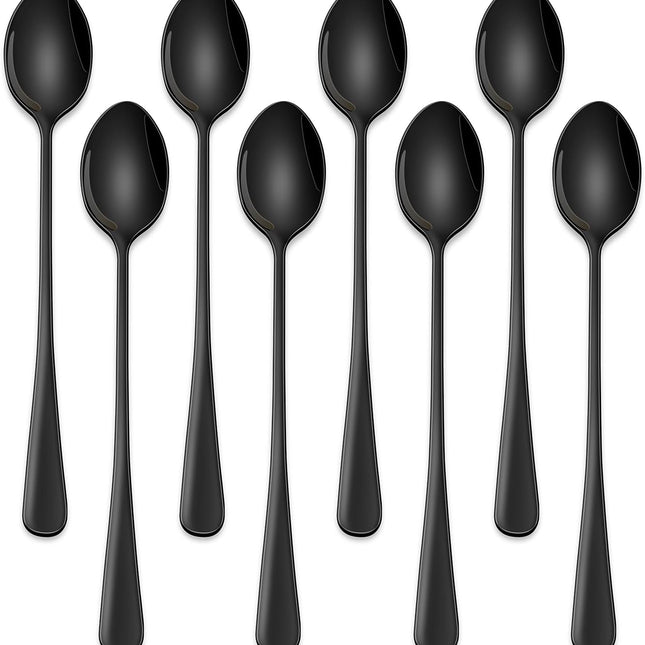 7.5 Inches Black Coffee Stirring Spoons Set,Set Of 8 Stanless Steel Iced Teaspoons,Long Handle Mixing Spoons For Cocktail And Sundae,Long Ice Cream Spoons.