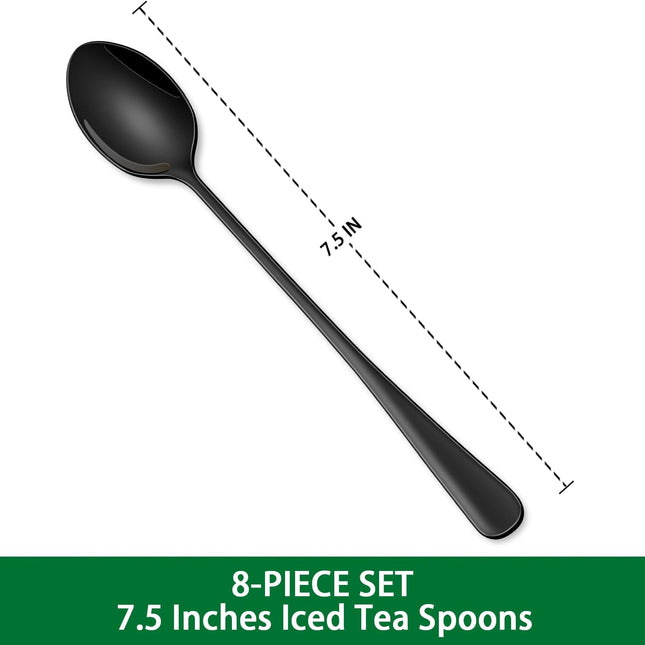 7.5 Inches Black Coffee Stirring Spoons Set,Set Of 8 Stanless Steel Iced Teaspoons,Long Handle Mixing Spoons For Cocktail And Sundae,Long Ice Cream Spoons.