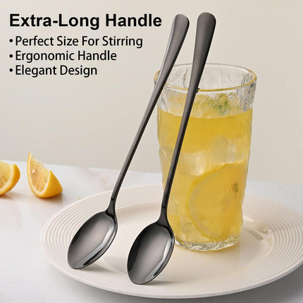 7.5 Inches Black Coffee Stirring Spoons Set,Set Of 8 Stanless Steel Iced Teaspoons,Long Handle Mixing Spoons For Cocktail And Sundae,Long Ice Cream Spoons.
