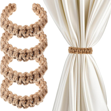 4 Pack Braided Curtain Tiebacks Boho Elegant Rustic Curtain Holdbacks Tie Backs Holders Set Simple Light Weight Drapes Decorative Accessories Handmade for Home Office Bedroom Window (4, Linen).