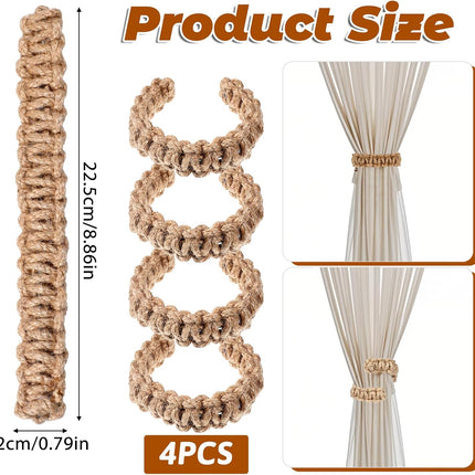 4 Pack Braided Curtain Tiebacks Boho Elegant Rustic Curtain Holdbacks Tie Backs Holders Set Simple Light Weight Drapes Decorative Accessories Handmade for Home Office Bedroom Window (4, Linen).