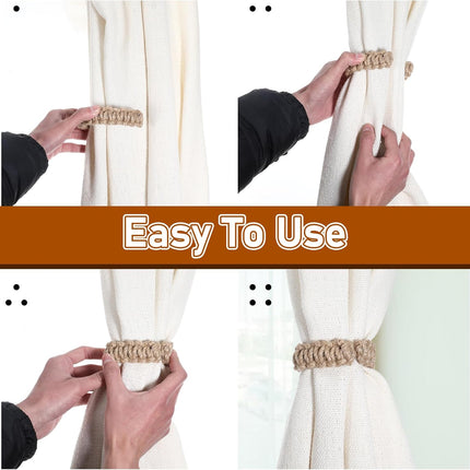 4 Pack Braided Curtain Tiebacks Boho Elegant Rustic Curtain Holdbacks Tie Backs Holders Set Simple Light Weight Drapes Decorative Accessories Handmade for Home Office Bedroom Window (4, Linen).