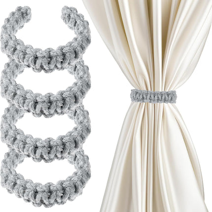 4 Pack Braided Curtain Tiebacks Boho Elegant Rustic Curtain Holdbacks Tie Backs Holders Set Simple Light Weight Drapes Decorative Accessories Handmade for Home Office Bedroom Window (4, Grey).