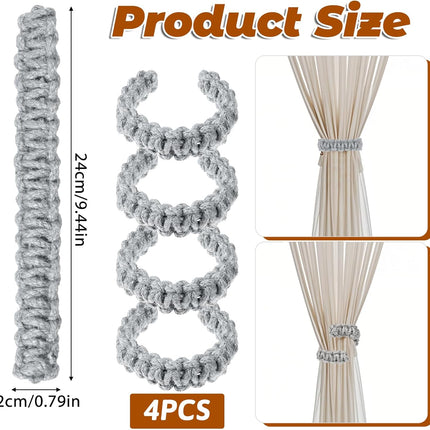 4 Pack Braided Curtain Tiebacks Boho Elegant Rustic Curtain Holdbacks Tie Backs Holders Set Simple Light Weight Drapes Decorative Accessories Handmade for Home Office Bedroom Window (4, Grey).