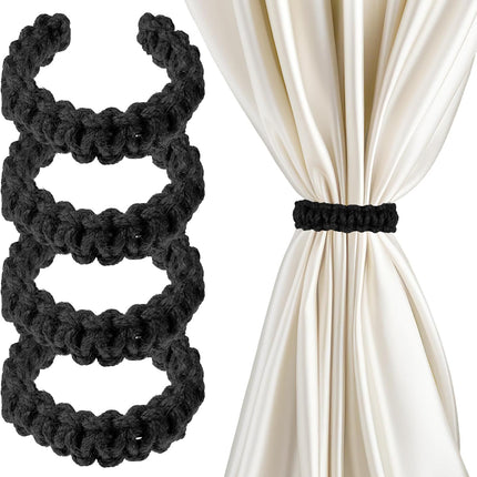 4 Pack Braided Curtain Tiebacks Boho Elegant Rustic Curtain Holdbacks Tie Backs Holders Set Simple Light Weight Drapes Decorative Accessories Handmade for Home Office Bedroom Window (4, Black).