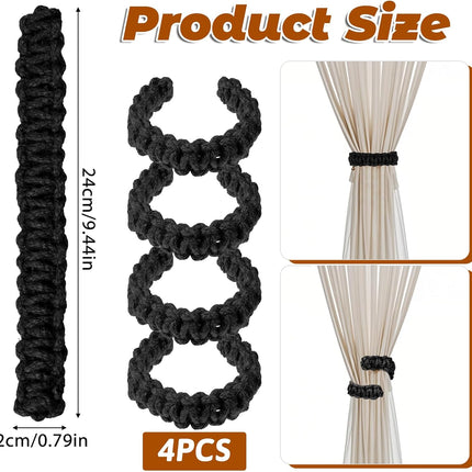 4 Pack Braided Curtain Tiebacks Boho Elegant Rustic Curtain Holdbacks Tie Backs Holders Set Simple Light Weight Drapes Decorative Accessories Handmade for Home Office Bedroom Window (4, Black).