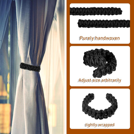 4 Pack Braided Curtain Tiebacks Boho Elegant Rustic Curtain Holdbacks Tie Backs Holders Set Simple Light Weight Drapes Decorative Accessories Handmade for Home Office Bedroom Window (4, Black).