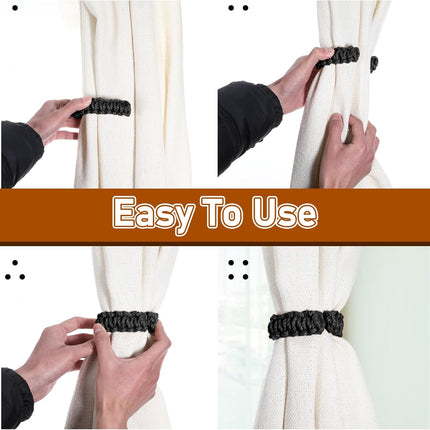 4 Pack Braided Curtain Tiebacks Boho Elegant Rustic Curtain Holdbacks Tie Backs Holders Set Simple Light Weight Drapes Decorative Accessories Handmade for Home Office Bedroom Window (4, Black).