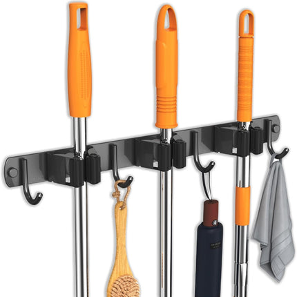 Mop and Broom Holder Wall Mount, Upgraded Broom Organizer Wall Mount, Stainless Steel Broom Hanger Wall Mount for Kitchen Garden Laundry Room Decor (3 Racks with 4 Hooks Black).