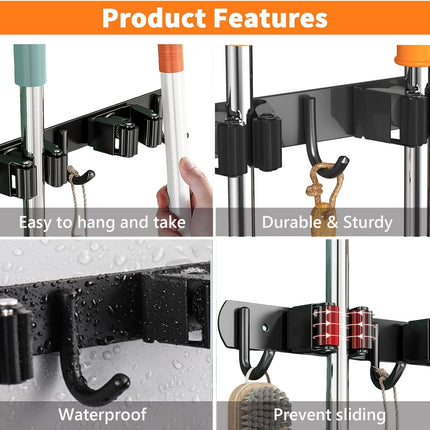Mop and Broom Holder Wall Mount, Upgraded Broom Organizer Wall Mount, Stainless Steel Broom Hanger Wall Mount for Kitchen Garden Laundry Room Decor (3 Racks with 4 Hooks Black).